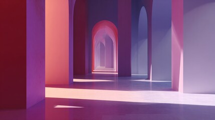 Minimalist abstract architecture corridor with soft pink and purple light, modern archway interior design, surreal dreamy geometric perspective