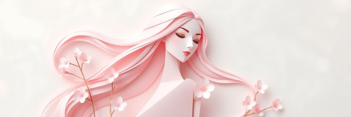 Origami female banner with flowers in soft pink colors. woman theme card in paper cut style