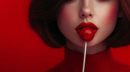 close up of woman face with red lipstick and holding glossy red lollipop close to mouth on solid matching background