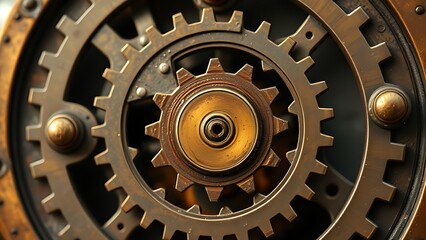 vigor. A hyper-detailed, aged bronze clockwork mechanism with a single gear removed, emitting golden light. product launch decks, UI/UX mockups, designed for product launches and innovation pitches.