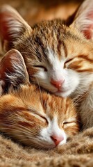 Peaceful orange mother cat and adorable kitten sleeping together on soft blanket, cozy warm light, family love, tenderness and comfort.