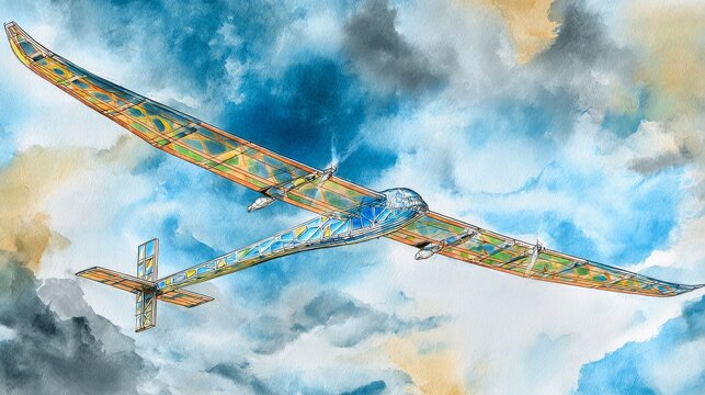 Hybrid electric airplane with solar wings flying above clouds, futuristic clean aviation, high-resolution stock illustration.