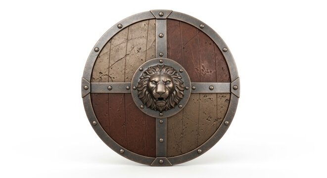 Vintage shield with a lion emblem, featuring wood, metal, and rivets