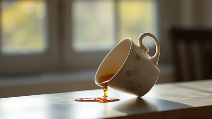 garroted. A tilted teacup on a table edge, tea nearly spilling in the morning light. bar promotions, beverage menus, designed for product packaging and bar promotions, enhances appetite appeal.