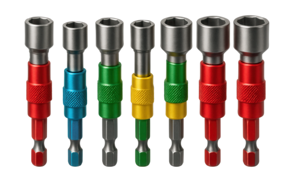 Color-coded nut driver bit set for easy size identification in DIY toolkits.