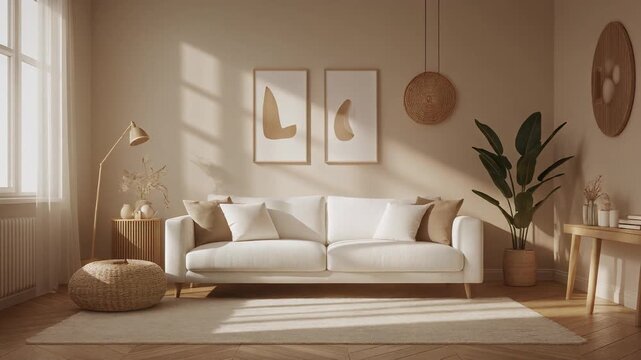 seamless looping 4k time-lapse virtual video animation background of a modern minimalist living room with elegant white sofa, warm sunlight, and stylish wall art in a cozy home interior 