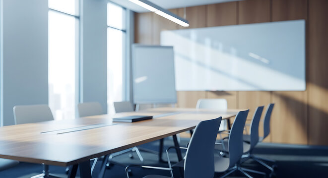 Empty conference room with a long wooden table, chairs, and whiteboard illuminated by natural light from the large window.