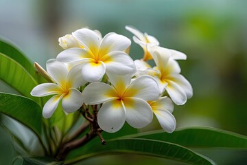 A close-up view of a cluster of white and yellow flowers with green leaves