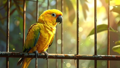A vibrant yellow bird sits perched within a rusted metal cage
