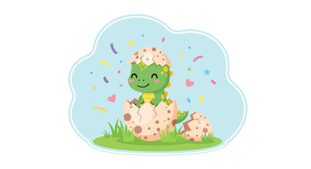 Baby chibi dinosaur hatching from cracked egg with confetti and stars. Fun and cheerful kids wallpaper in solid pastel colors