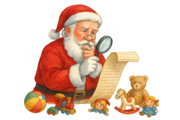 Santa claus holding magnifying glass and wish list, carefully reviewing children's christmas toy requests, watercolor illustration