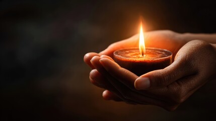 Fire Ear Candling. A hand holding a lit candle in a dark setting, symbolizing warmth and light.