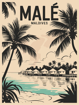 Stylized black-and-white retro travel poster of Mal&eacute;, Maldives with overwater bungalows, palm trees, and turquoise lagoon highlights. Vintage minimalist island illustration design