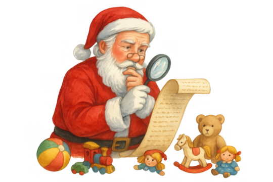 Santa claus holding magnifying glass and wish list, carefully reviewing children's christmas toy requests, watercolor illustration