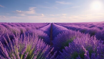 Obraz premium Serene sunset over rows of purple lavender
