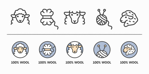 Set of wool 100 percent pure icon isolated on background. Vector signs for clothes and fabric product with skein of yarn and cute cartoon sheep head