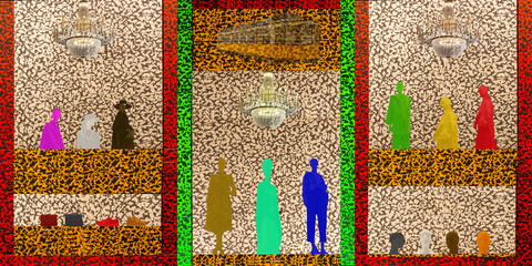 DREAM N°109 – Figures in the Hall of Colors. Surreal conceptual artwork representing colorful human silhouettes standing under crystal chandeliers, inside a patterned abstract hall