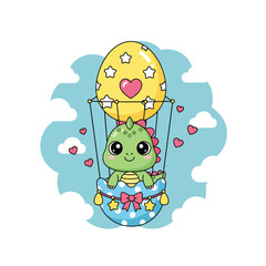 Chibi dinosaur inside star-patterned egg-shaped balloon floating above hills. Cheerful pastel kids wallpaper