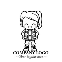 Black and White Chibi Girl Standing in Jacket, Pants, and Boots. Simple Bold Vector Illustration
