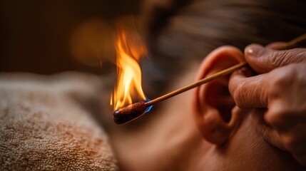 Fire Ear Candling. A hand holding a flaming stick near an ear, illustrating a unique wellness practice.