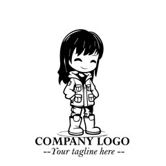 Black and White Chibi Girl Standing in Jacket, Pants, and Boots. Simple Bold Vector Illustration
