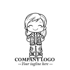 Black and White Chibi Girl Standing in Jacket, Pants, and Boots. Simple Bold Vector Illustration
