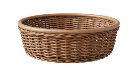 Woven wicker basket with a wooden rim isolated on transparent background