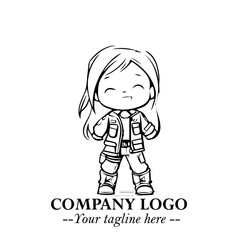 Black and White Chibi Girl Standing in Jacket, Pants, and Boots. Simple Bold Vector Illustration
