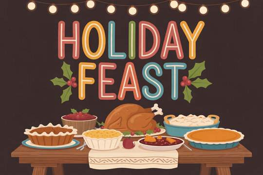Festive holiday feast illustration with delicious turkey, pies, and side dishes, perfect for Thanksgiving or Christmas invitations and seasonal marketing campaigns