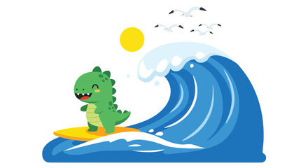 Chibi dino surfing on rounded wave with sunshine and seagulls. Energetic playful wallpaper