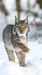 A lynx walks towards the viewer in a snowy winter forest