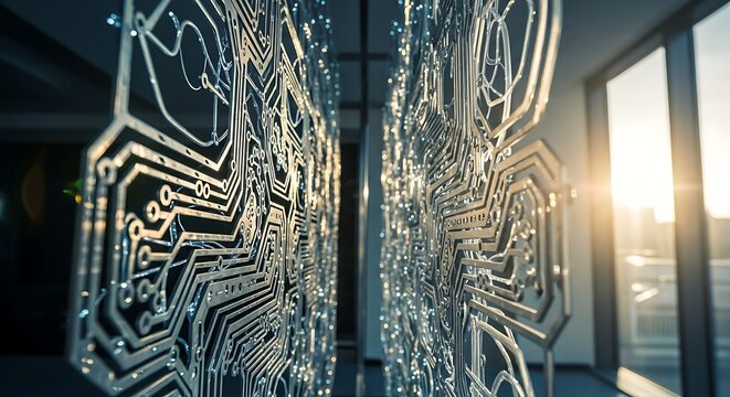 Futuristic Transparent Circuit Boards Reflecting Sunlight in a Modern Office Interior, Symbolizing Innovation, Digital Technology, and Connectivity