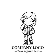 Black and White Chibi Girl Standing in Jacket, Pants, and Boots. Simple Bold Vector Illustration
