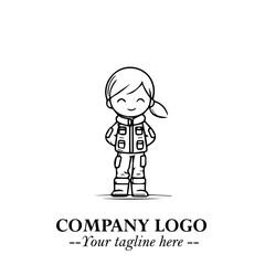 Black and White Chibi Girl Standing in Jacket, Pants, and Boots. Simple Bold Vector Illustration
