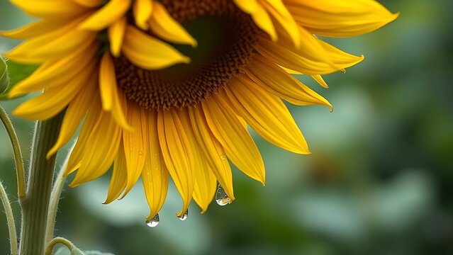 laurate. Sunflower drooping after a storm with rain droplets on its petals. gardening catalogs, home-decor guides, designed for home decor and floral branding, celebrates nature.