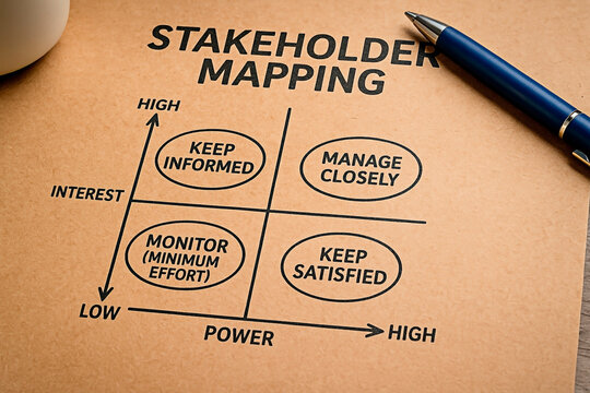 Stakeholder Mapping on paper for the concept of business planning and project management.