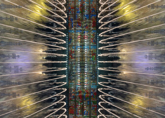 DREAM N°110 – Cathedral of Light and Water Symmetry. Surreal and metaphysical artwork showing a perfect symmetrical fusion of water jets and colorful stained glass reflections