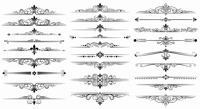 Collection of ornate filigree text dividers and classic baroque page rule lines, elegant vector illustration