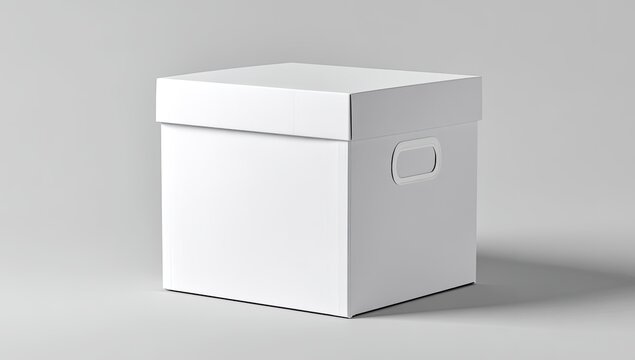 Plain white square cardboard box with a lid and cutout handles, against a soft gray backdrop