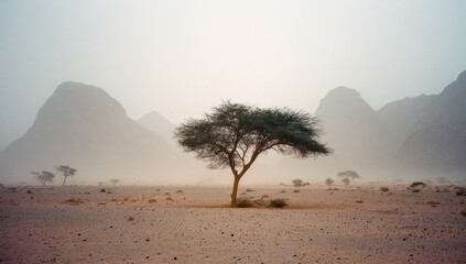 Arid landscape with lone tree at center, blurred mountain range, overcast sky