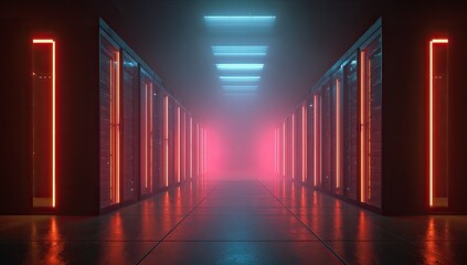 A long data center hallway, bathed in red and blue neon light, with server racks lining walls