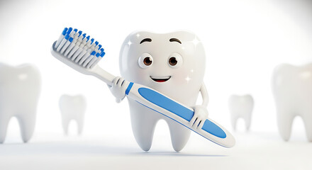 White cartoon Tooth with toothbrush, dental character or mascot,Oral health and dental inspection teeth, 3d rendering.