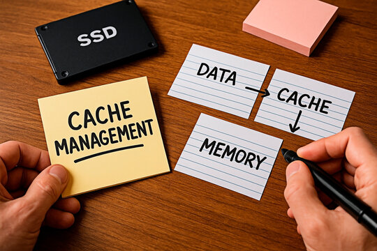 Data cache, ssd, and data management on wooden desk for technology concept.