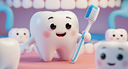 White cartoon Tooth with toothbrush, dental character or mascot,Oral health and dental inspection teeth, 3d rendering.