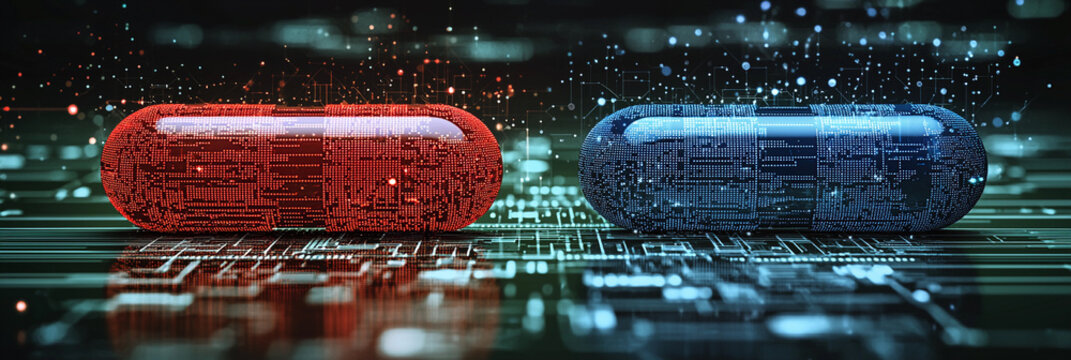 Choosing between red and blue pills on digital background Generative AI