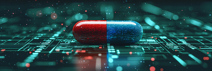 Choice between red and blue pill on digital background Generative AI