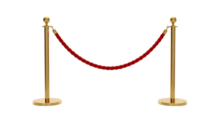 Elegant gold stanchion posts with red velvet rope barrier isolated on transparent background