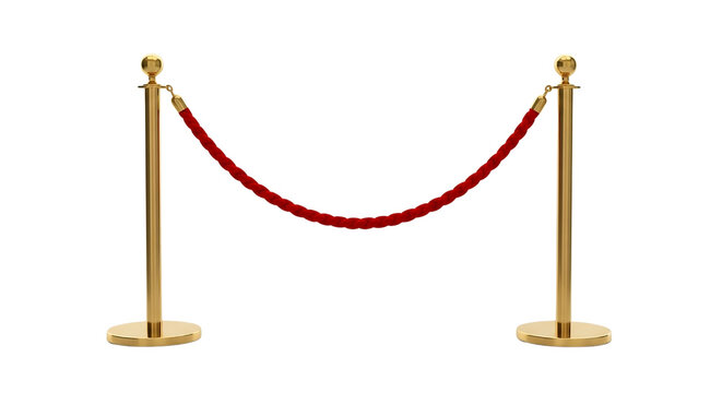 Elegant gold stanchion posts with red velvet rope barrier isolated on transparent background