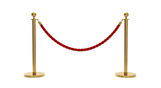 Elegant gold stanchion posts with red velvet rope barrier isolated on transparent background