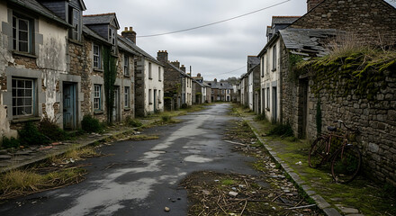 Obraz premium An atmospheric view of a desolate and forgotten street in a historic European village, where crumbling stone houses and overgrown facades convey a profound sense of abandonment and decay